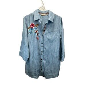 Soft Surroundings Aveline Tunic Small Embroidered Beaded Button Up Blouse